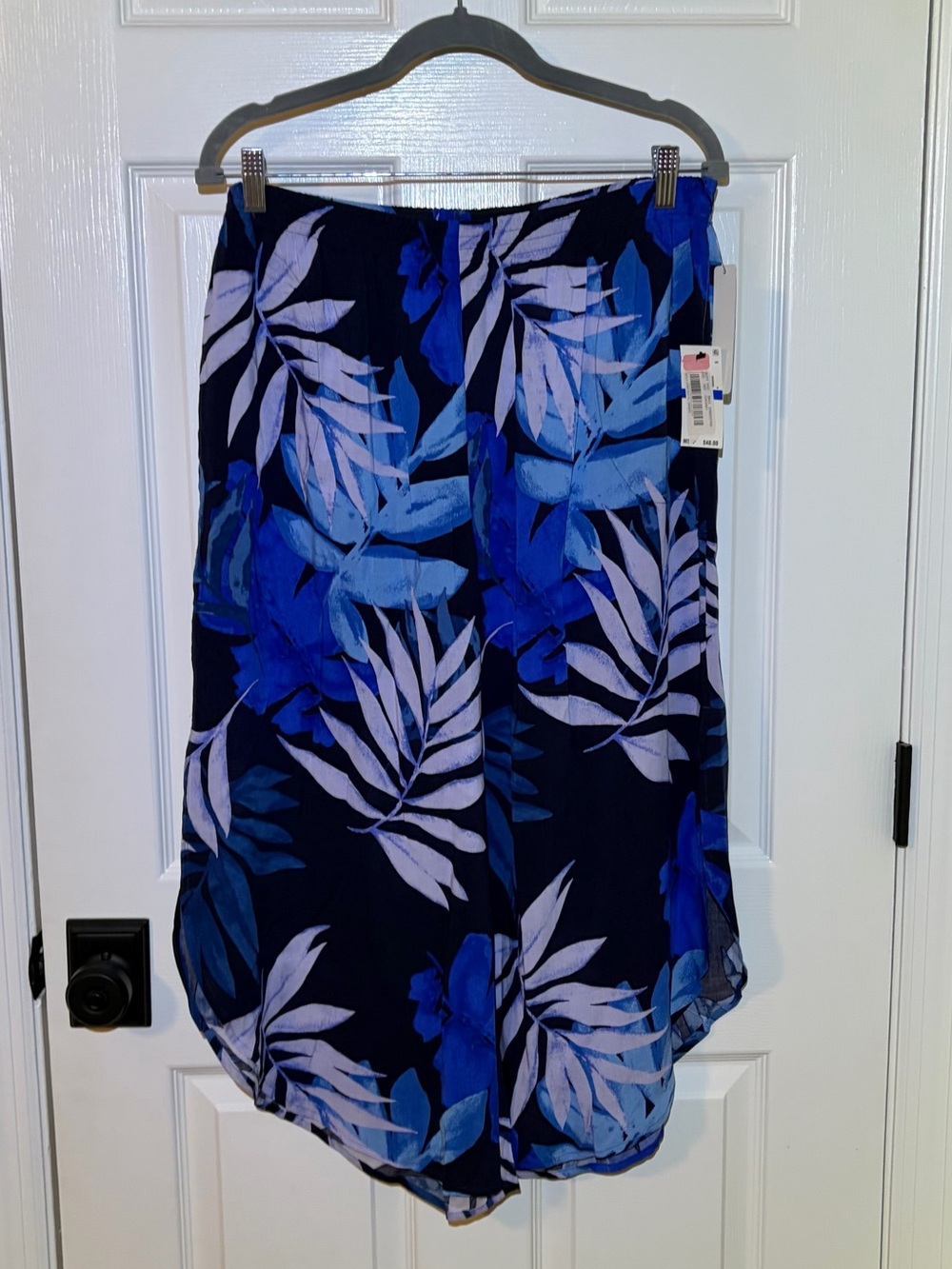 NWT Donna Karan Multi Blue Tropical Palm Print Split Leg Seingy Pant.  Size XL